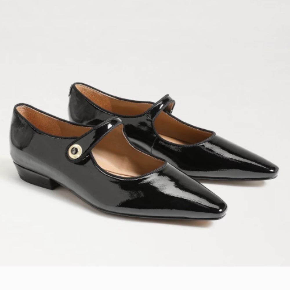 Black Patent Pointed Toe Mary Jane Low Heel Jene Slip On Flat Shoe